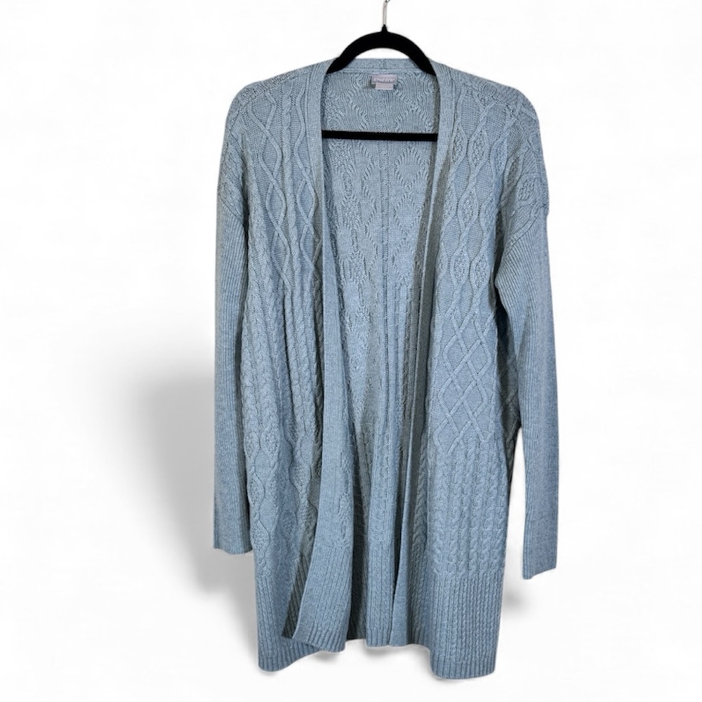 Chicos Teal Blue Cable Knit Duster Cardigan Sweater Womens M Preppy Open Front